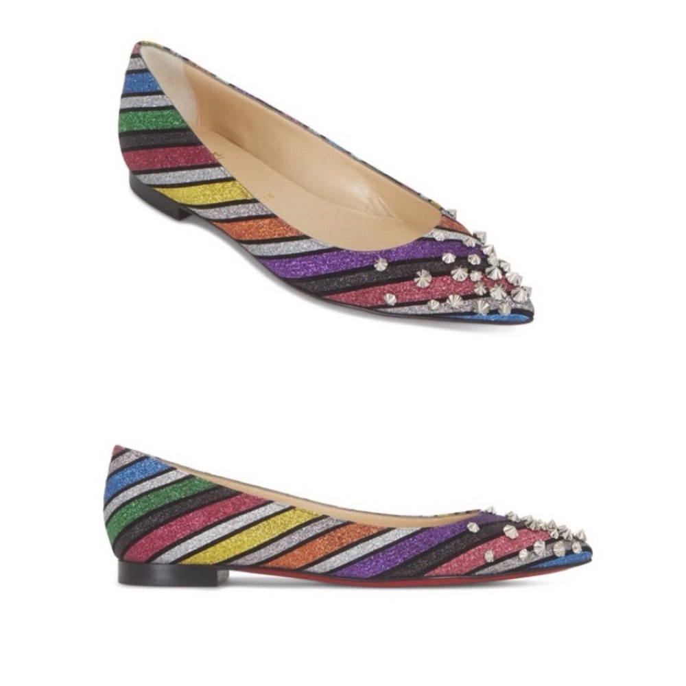 Christian Louboutin Drama Suede Glitter Rainbow Stripes Studded Flats Size 6.5